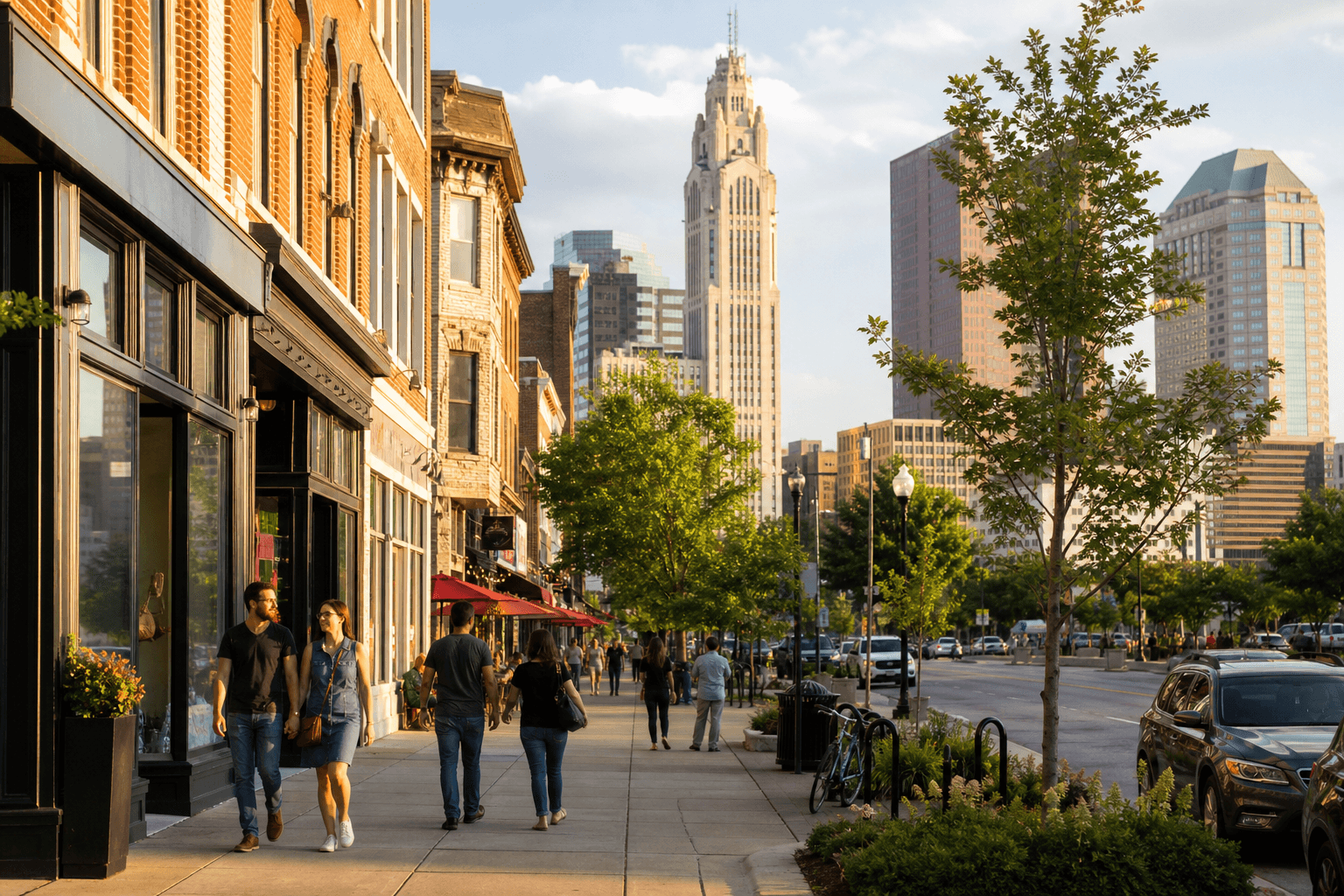 Downtown Columbus street with local storefronts and people walking in afternoon light
