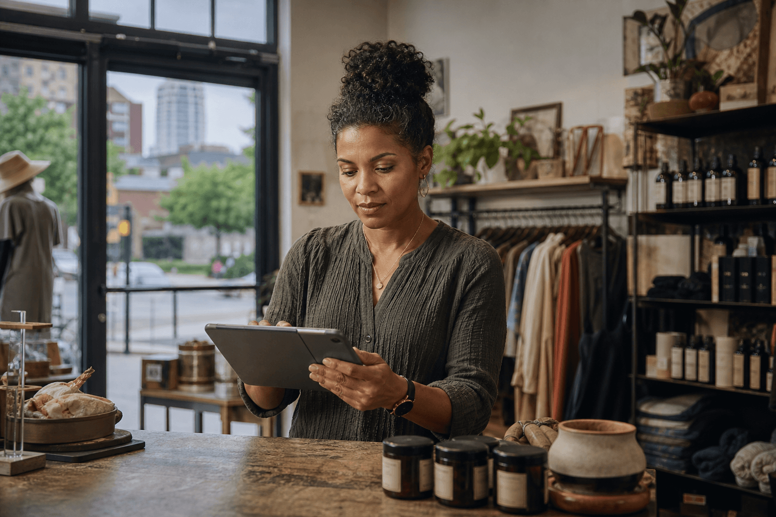 Small business owner reviewing offers on a tablet at their shop counter