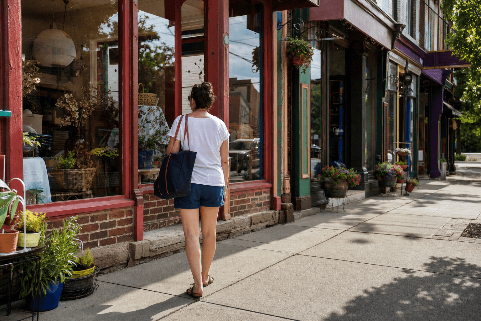 Person walking past local storefronts in a Columbus neighborhood